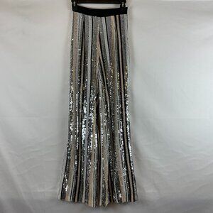 NBD Sequin Pants XXS Black Silver Cream White Stripe Side Zipper Wide Leg